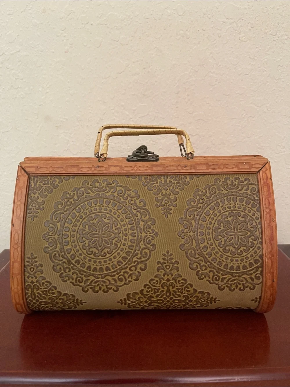 Vintage Wooden Box Purse Mid Century Embossed Leatherette Carved Frame Handbag